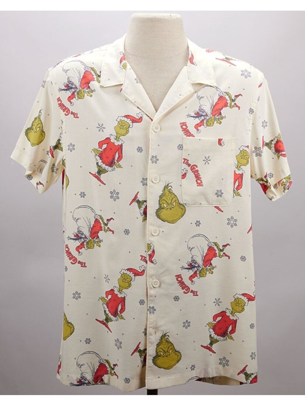 Cracker Barrel Christmas Grinch Print Woven Shirt Mens Sz Large Cream AOP Pajama